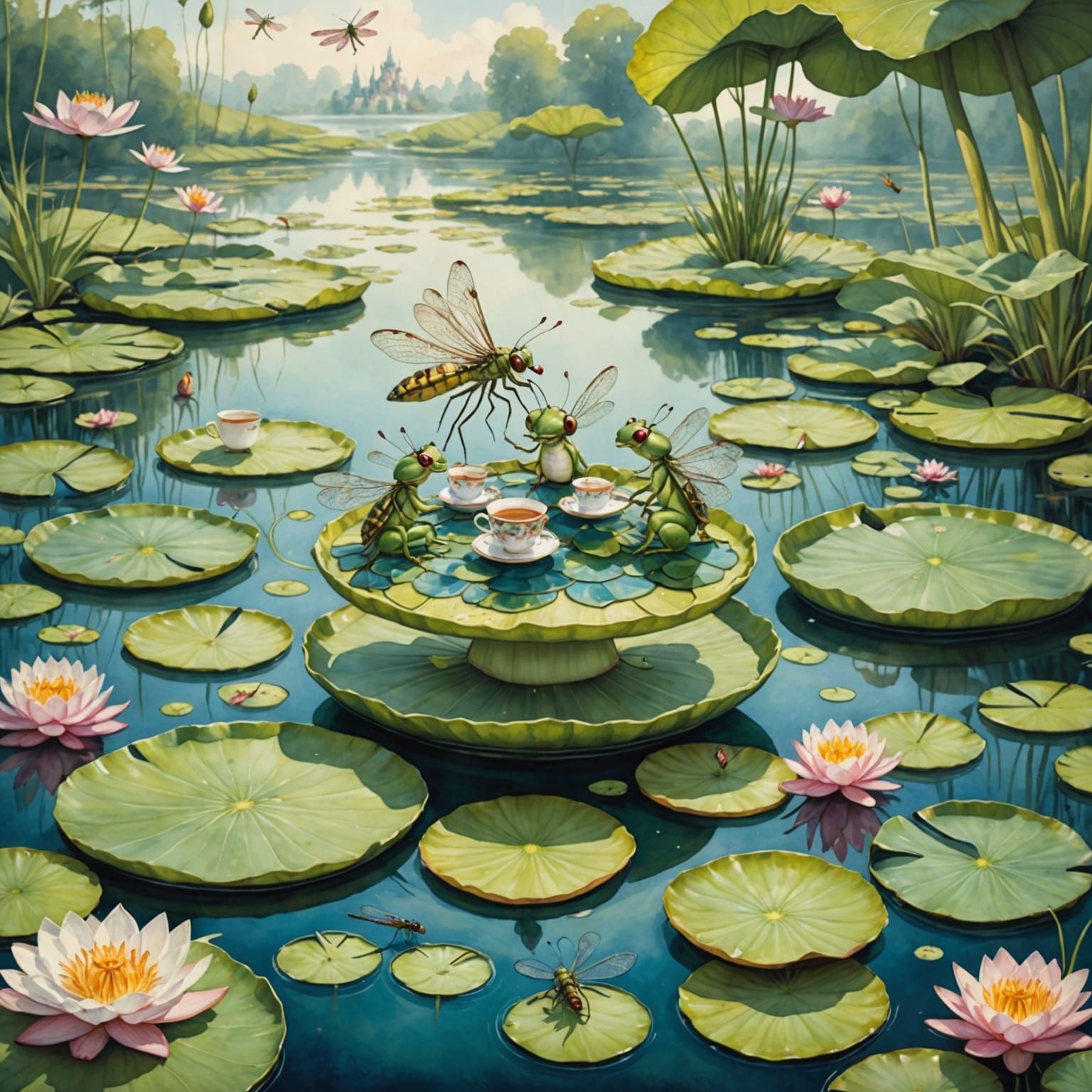Dragonfly Tea Party on Lily Pad