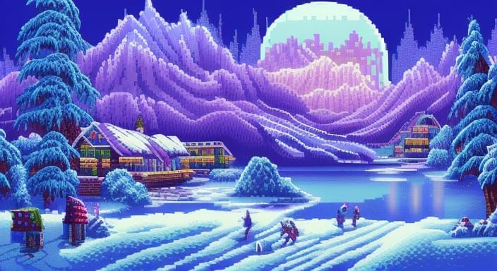 Whimsical Winter Glacier Village in Pixel Art