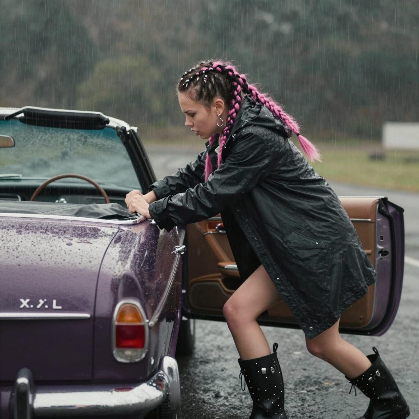 Punk Girl Fights Stuck Convertible Top in Rain