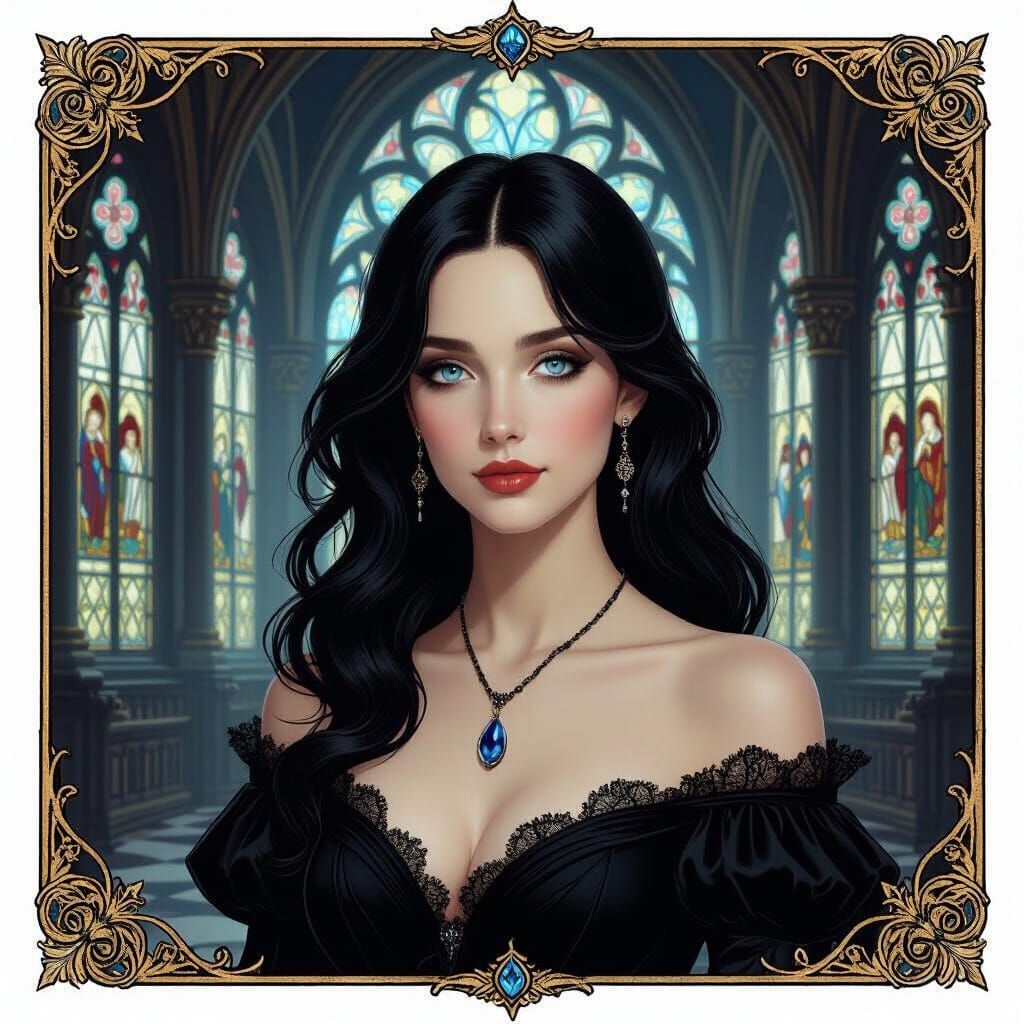 Gothic Woman in Stained Glass Hall: RPG Portrait