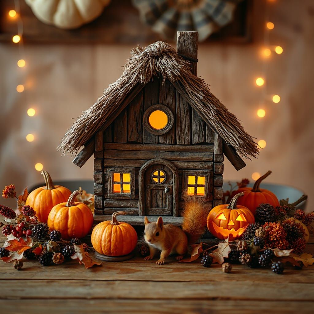 Cozy Autumn Wooden House with Glowing Windows