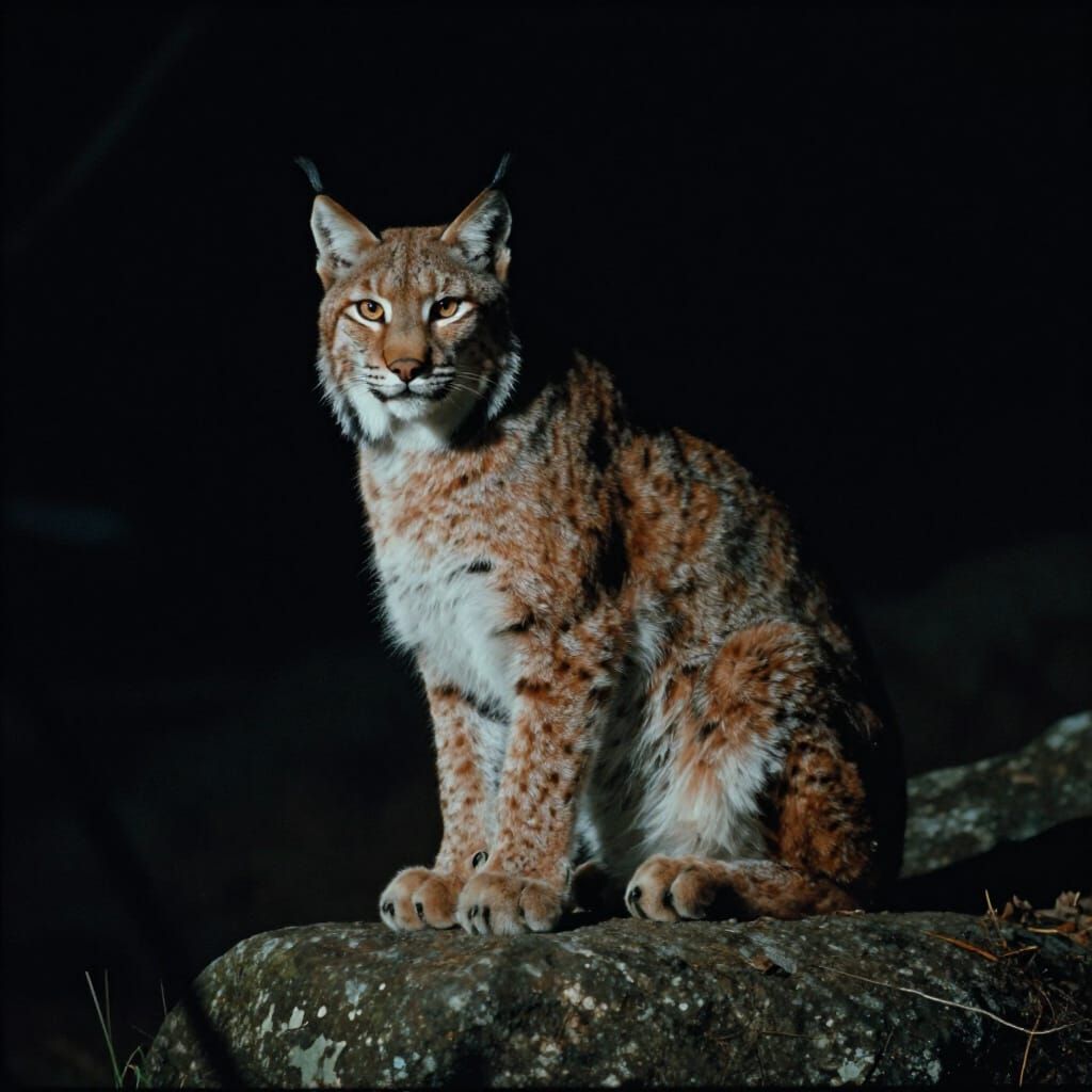 Lynx Sits on Rock at Night Cinematic Film Still