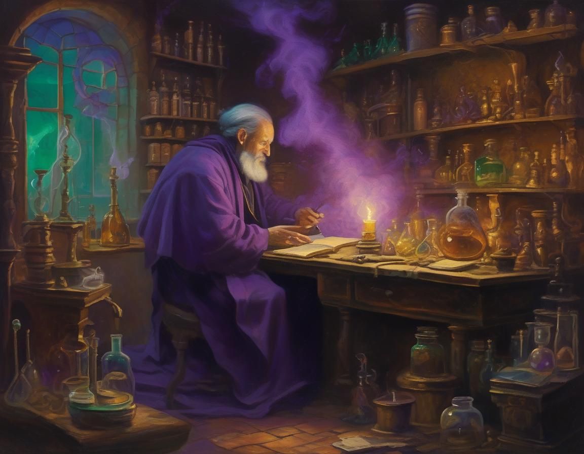 Mystical Alchemist in Apothecary Laboratory, Oil on Canvas