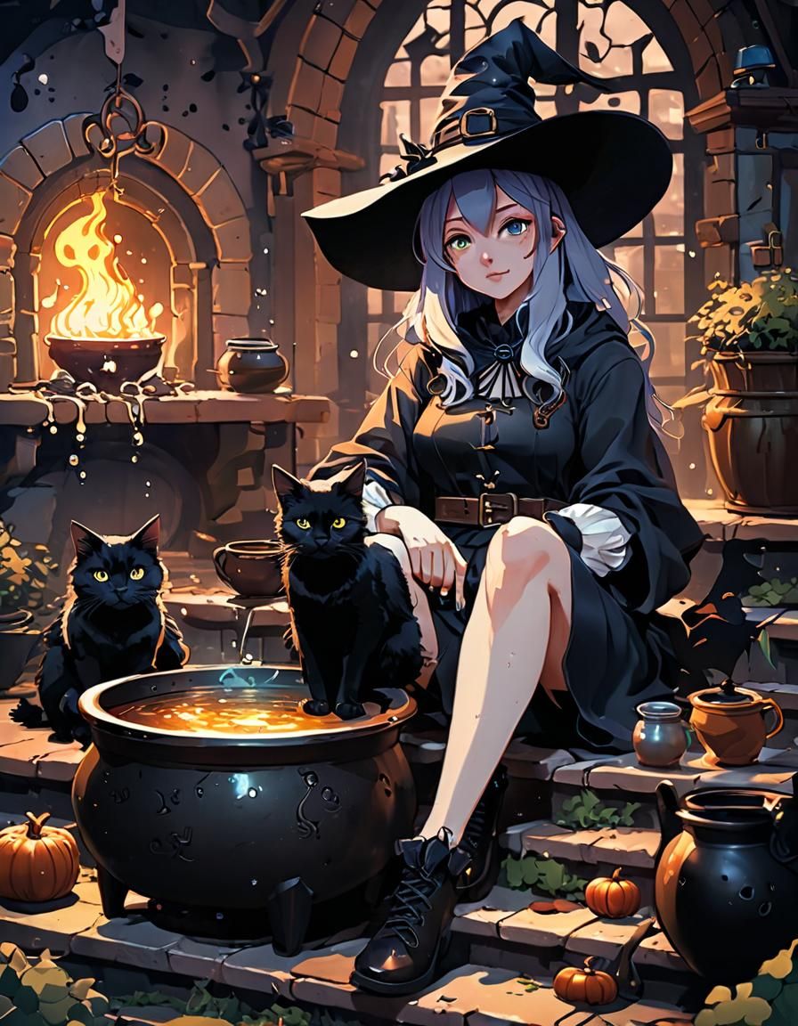 Anime Witch with Cauldron, Cat and Raven