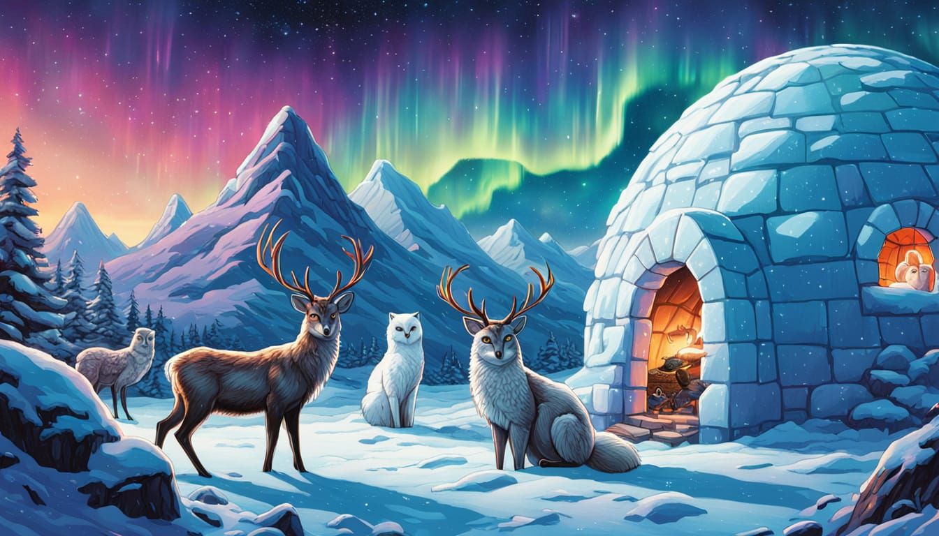 Enchanted Arctic Animals Gather Under Northern Lights