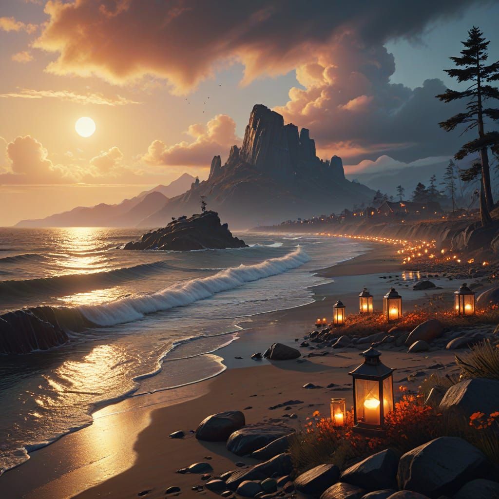 Surreal Sunset on the Ocean's Edge in Cinematic Style