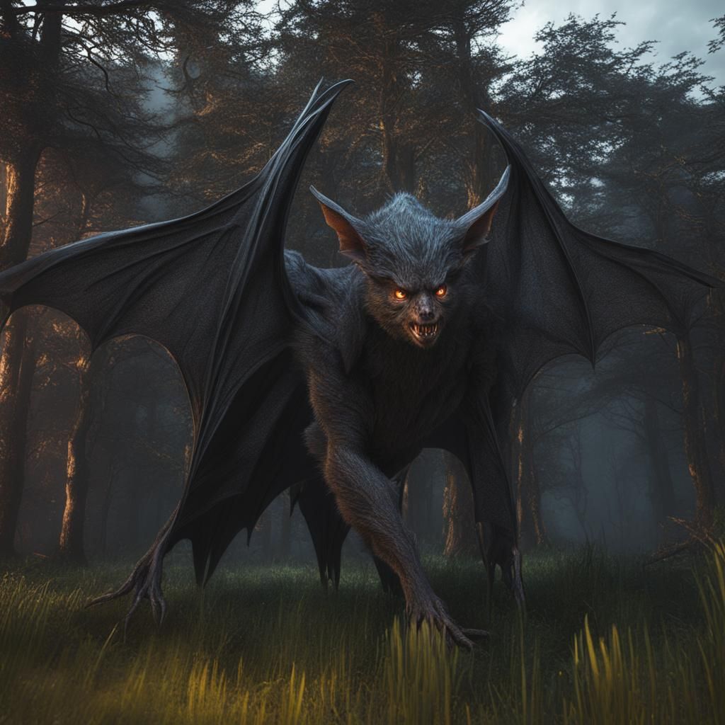 Eldritch Bat Creature in Dark Fantasy Forest