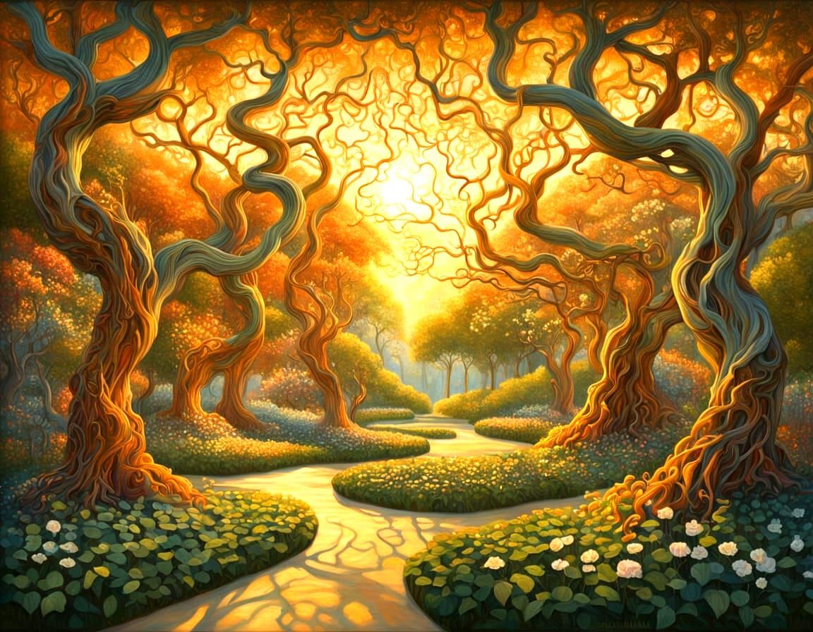 Surreal Garden Oasis with Twisting Vines and Bending Trees