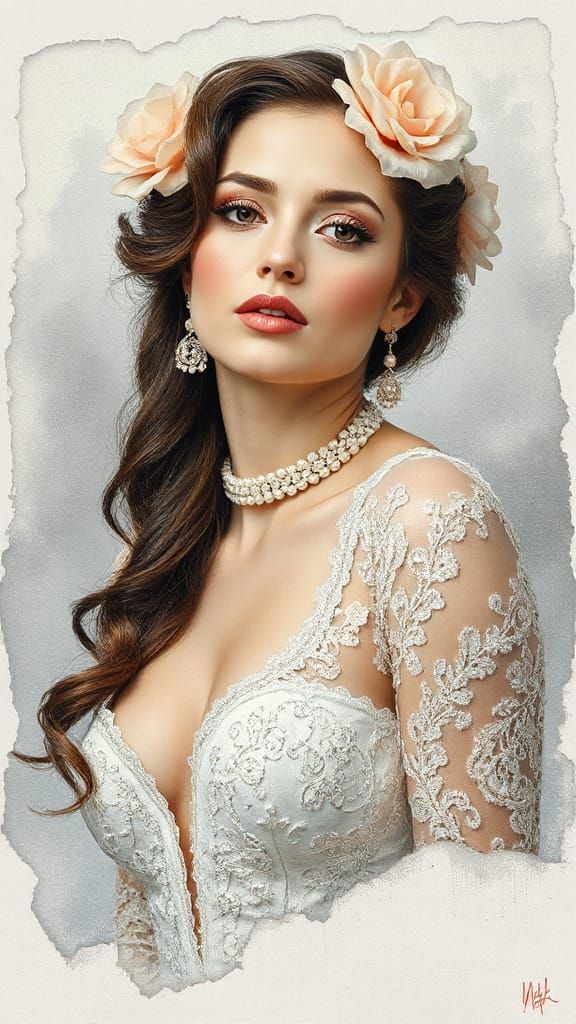 Elegant Woman in Mystical Realism Style with Intricate Laces...