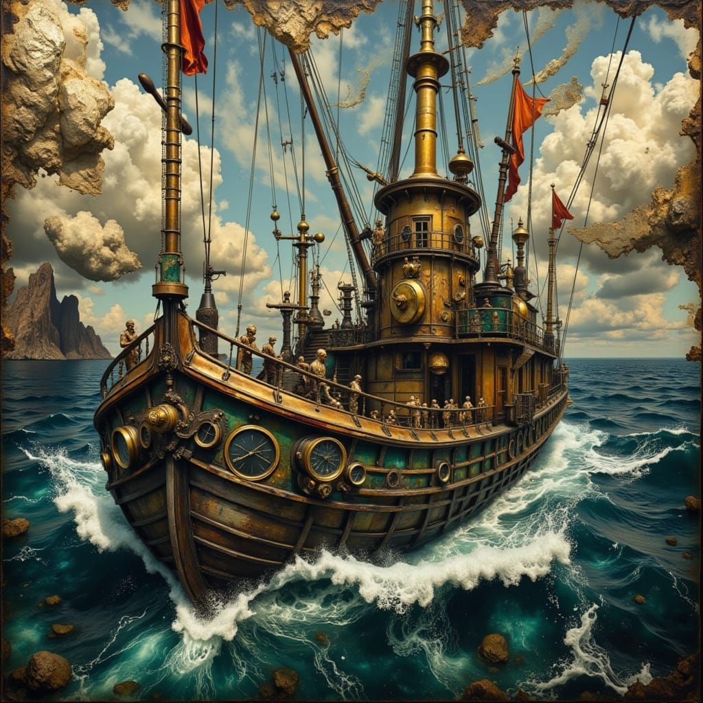 Steampunk Sailing Vessel Tossed on the Ocean