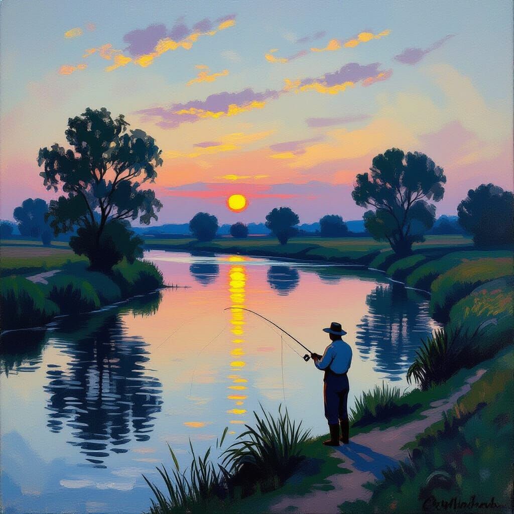 Twilight Fisherman in Impressionistic Countryside Landscape