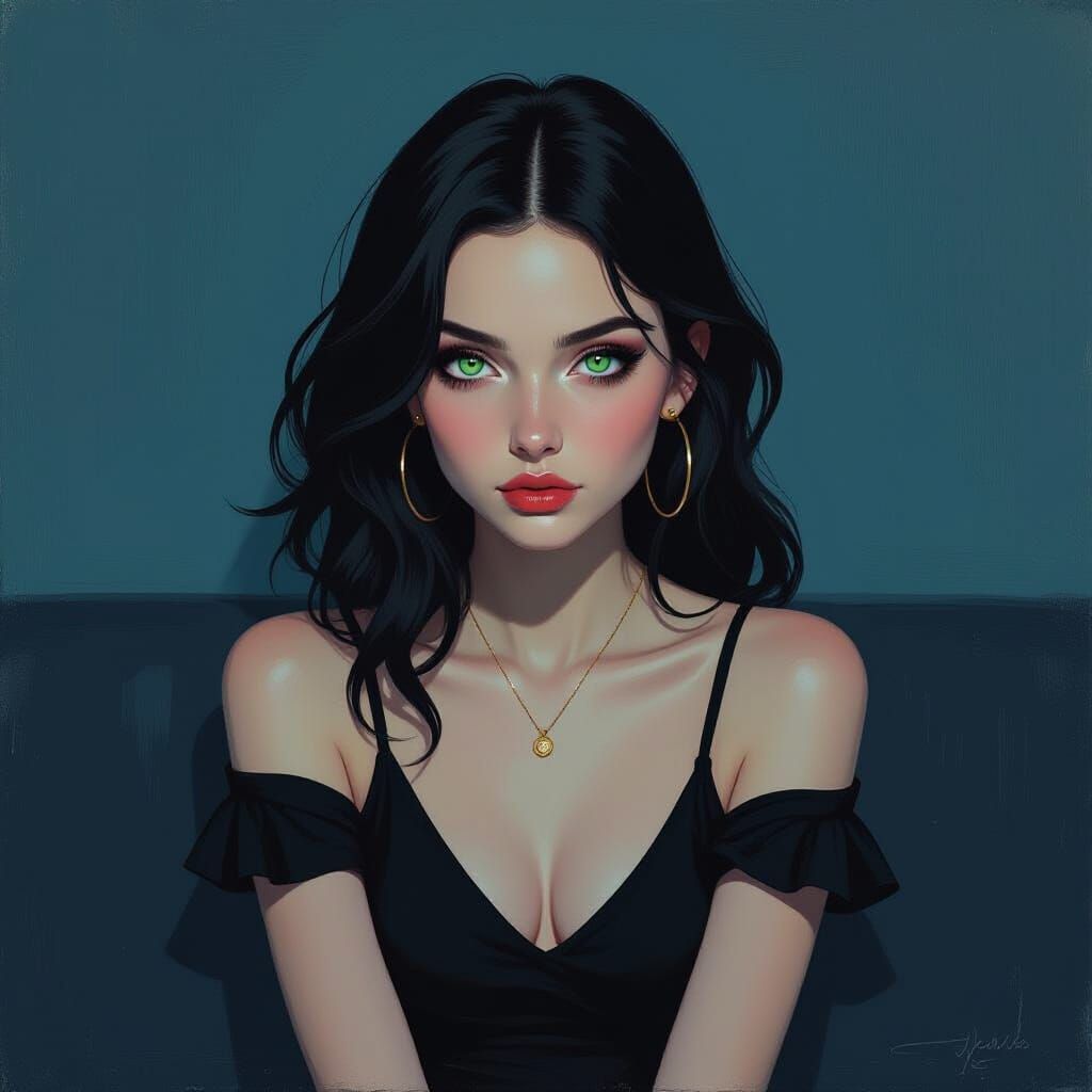 Melancholic Portrait with Piercing Green Eyes in Abstract St...