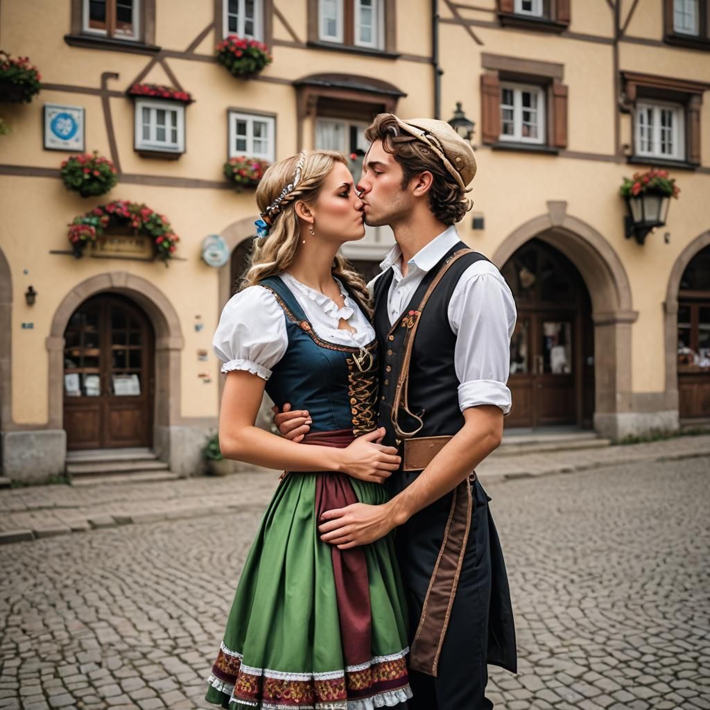 Girl Kisses Boy in Dirndl Dress in German Town