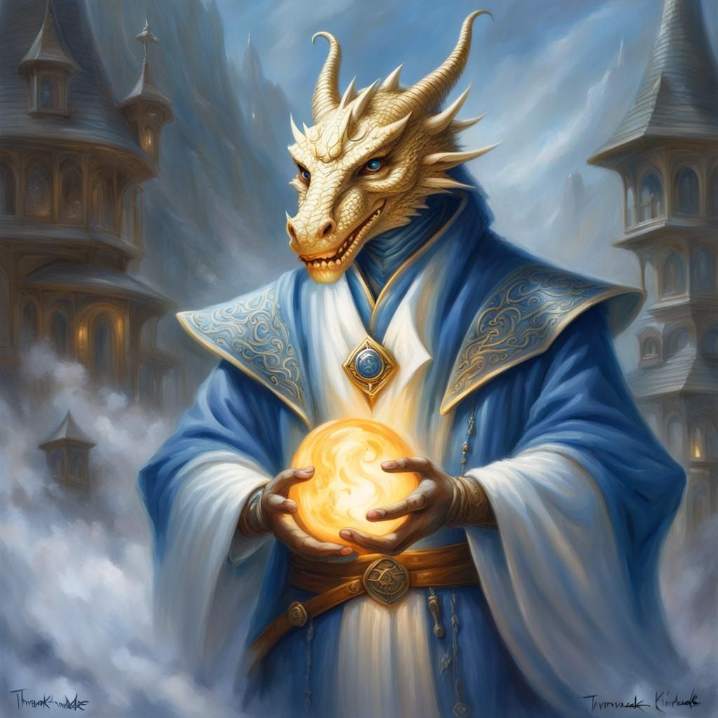 Dragonborn Sorcerer with Fireball in Ethereal Fantasy Style