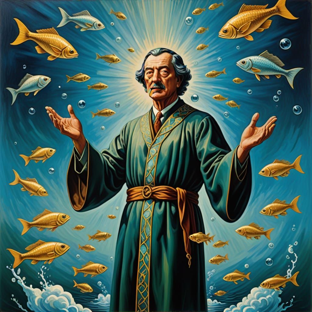 Whimsical Cosmic Mage Conjures Iridescent Fishes in Dreamlik...