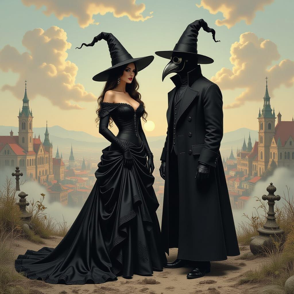 Surreal Plague Doctor and Femme Fatale in Dreamscape