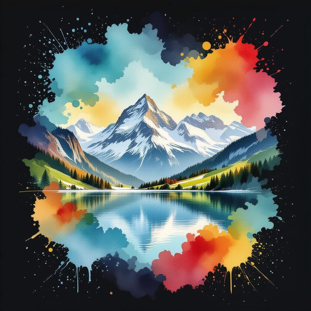 Swiss Mountain Landscape in Double Exposure Watercolor