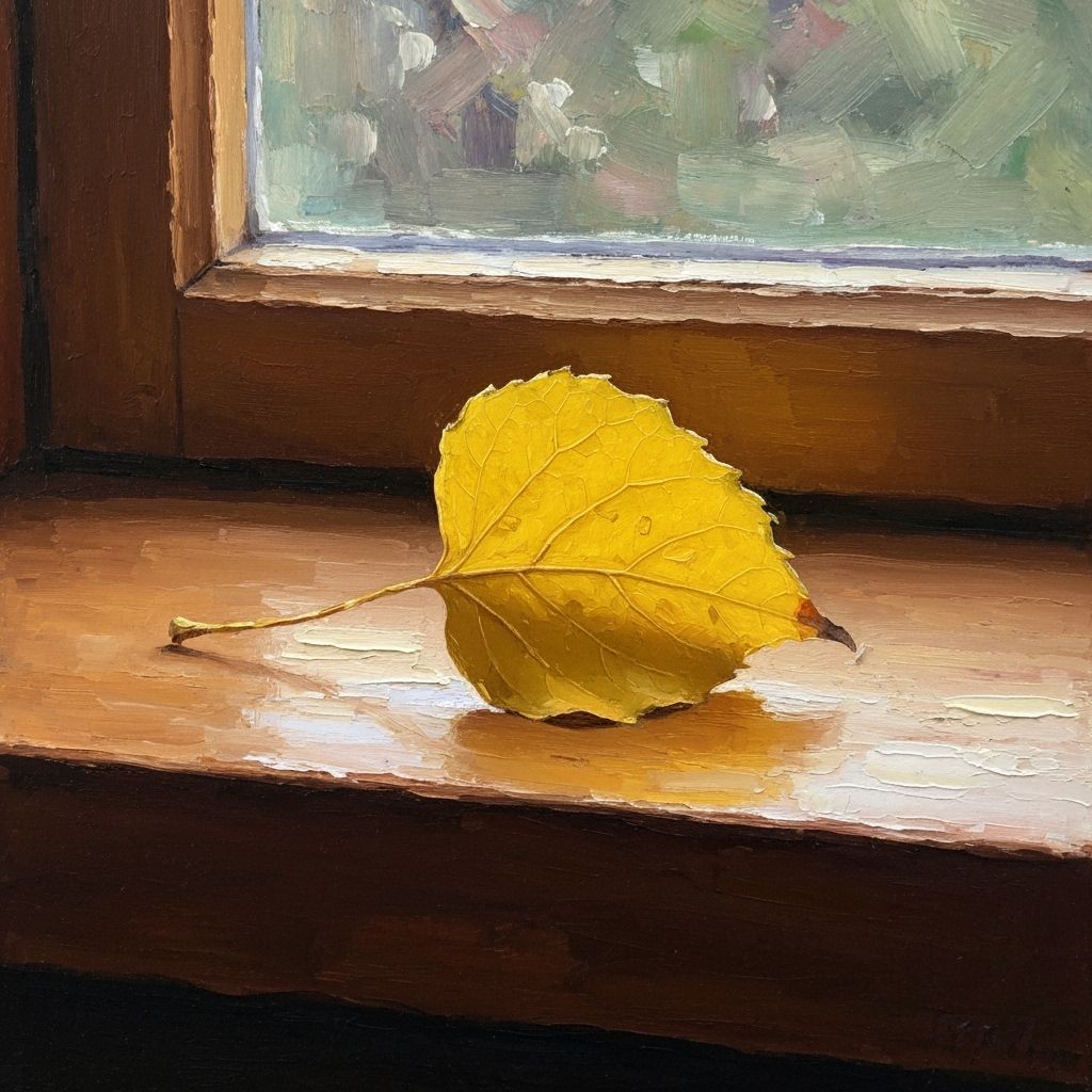Impasto Painting of a Yellow Aspen Leaf on Window Sill