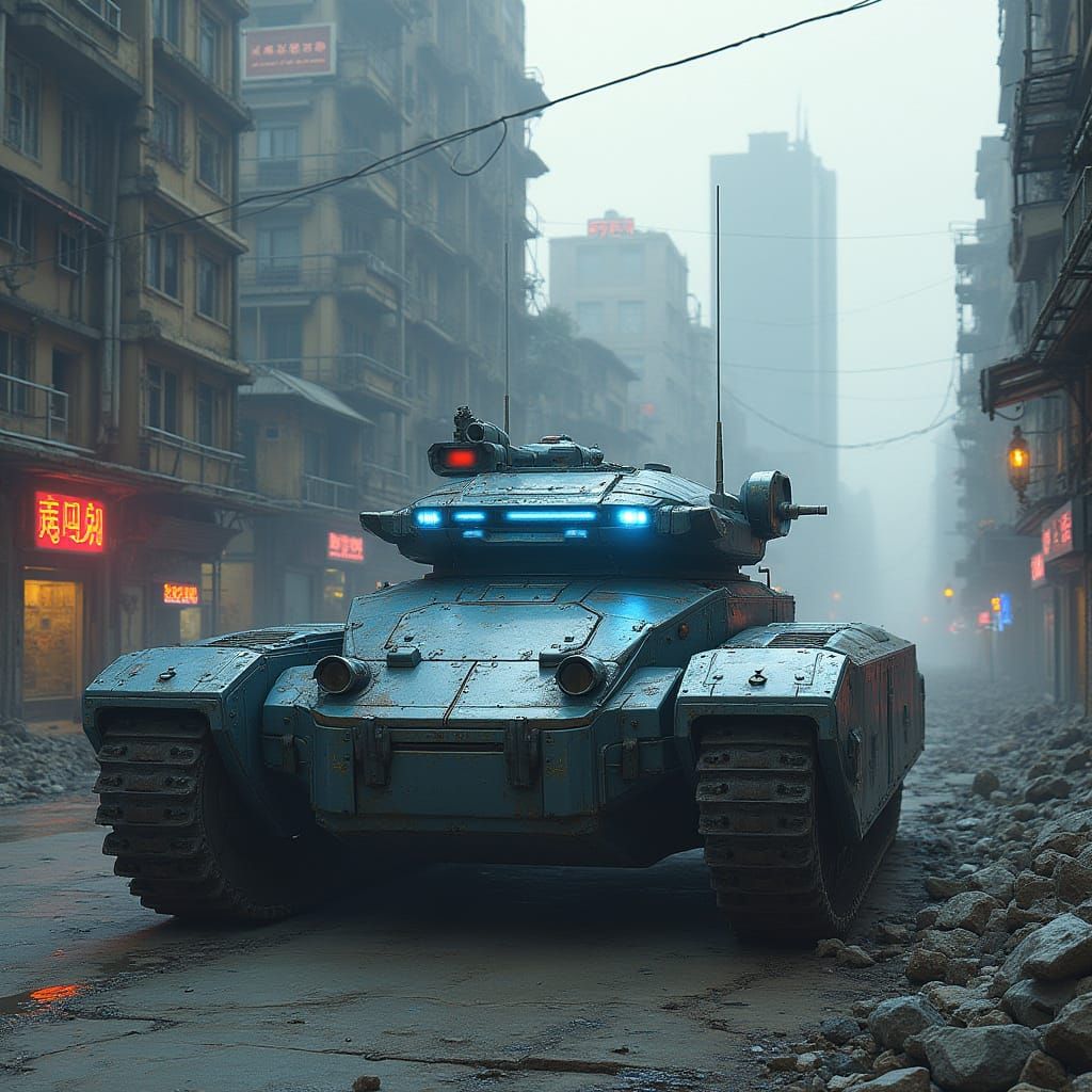 Cyberpunk Armored Tanks in a Futuristic Dystopian Cityscape