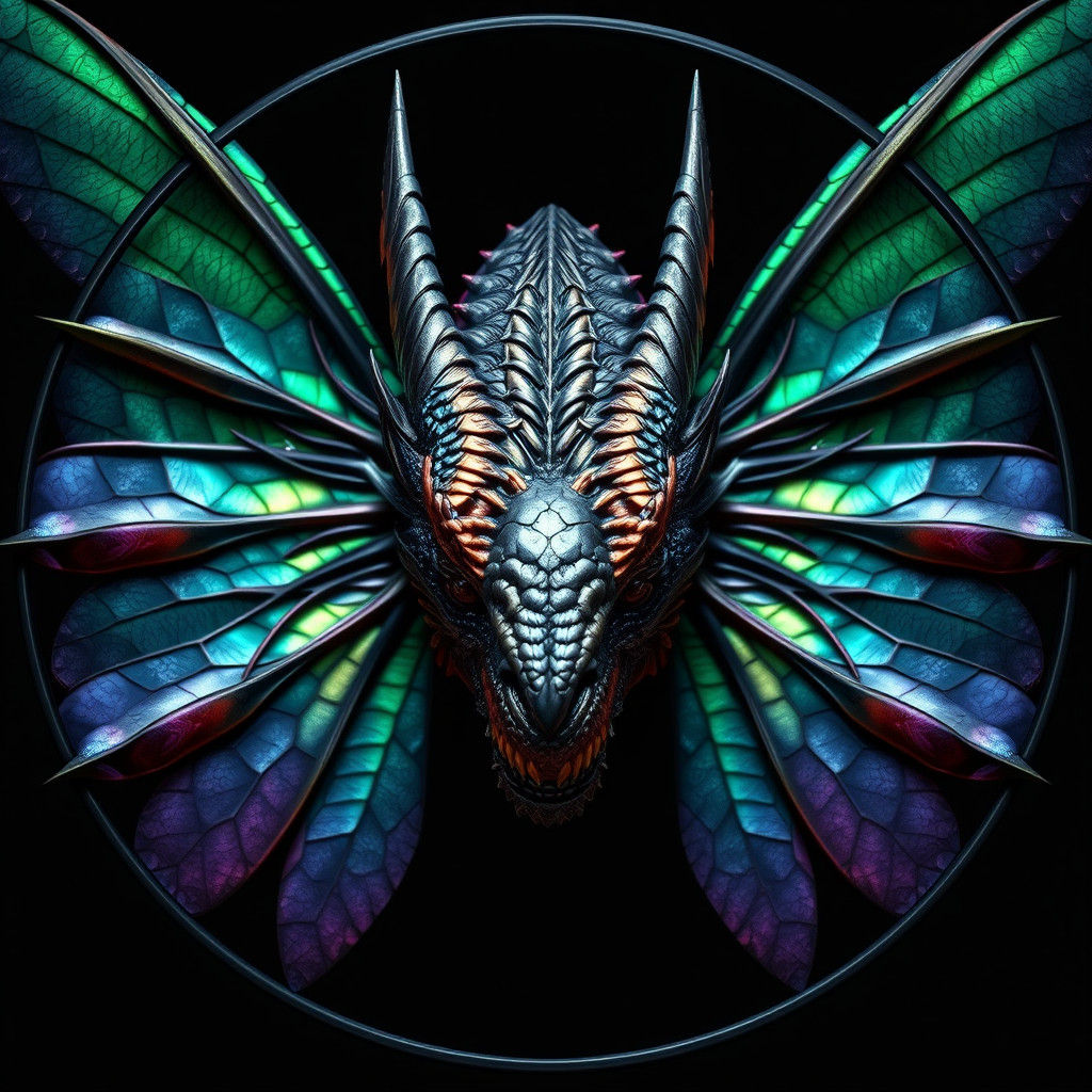 Dragon Head Framed by Iridescent Dragonfly Wings