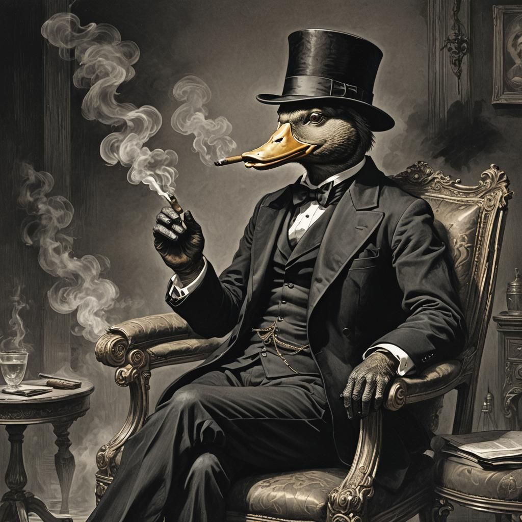 Duck Detective Smoking Cigar: Horror Engraving