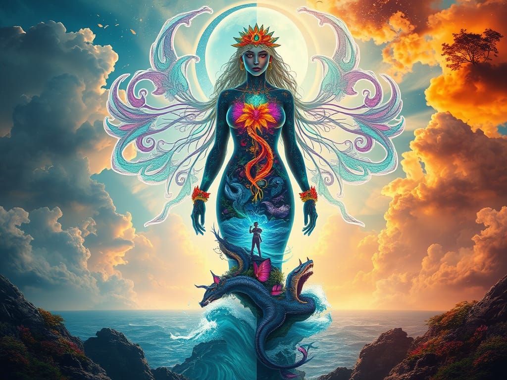 Surreal Goddess Emerges from Seasonal Dreamscapes in Cyberpu...