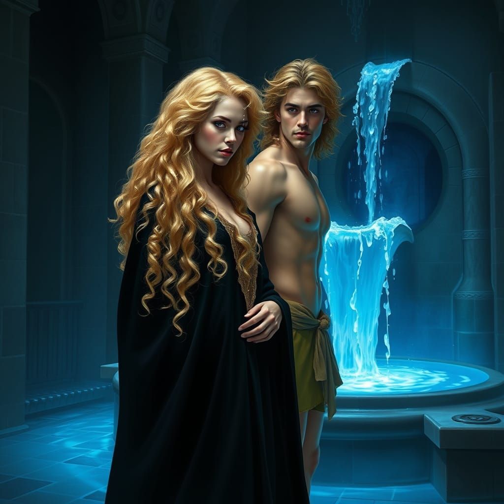 Dark Castle Chamber with Woman and Golden Man