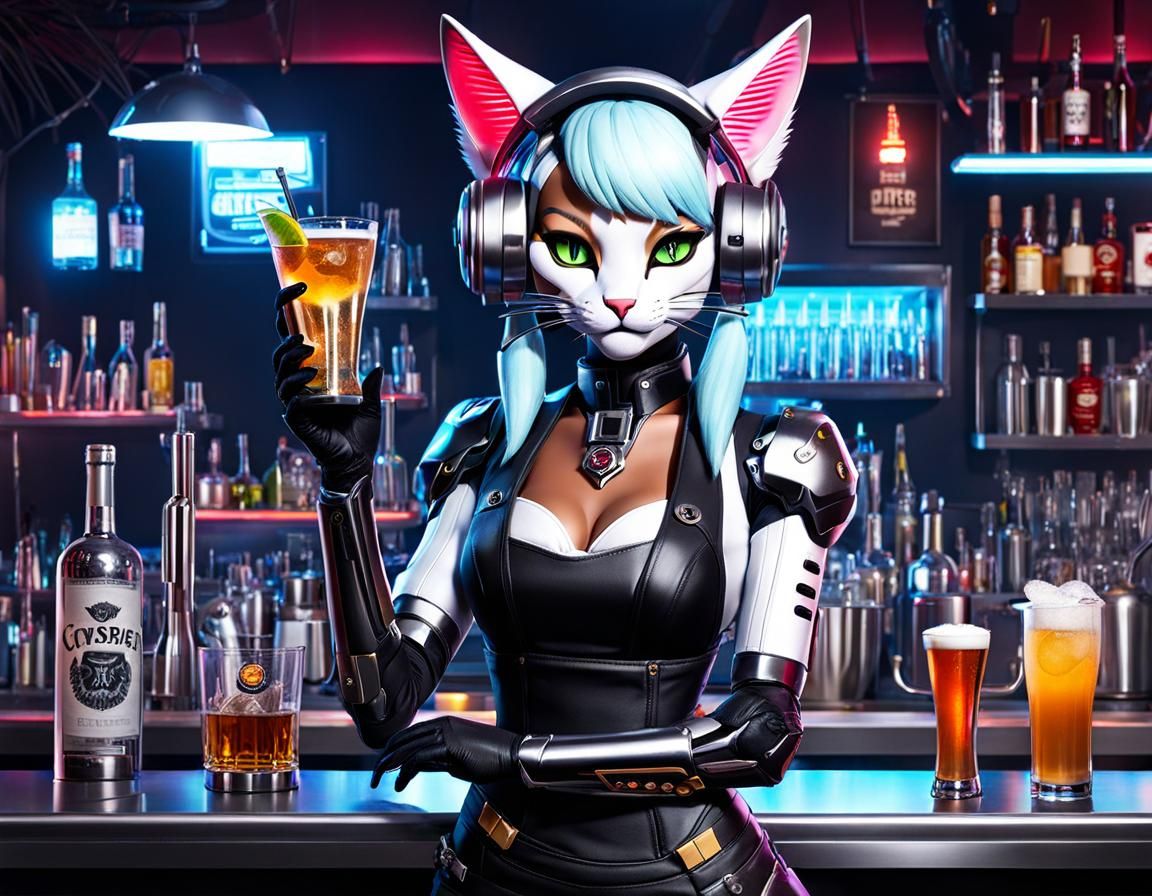 Cyborg Cat Girl Bartender in Futuristic Style