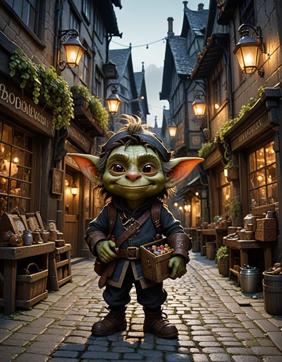 Whimsical Goblin in Bustling Fantasy Alley