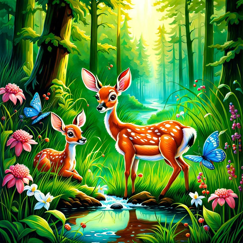 Cartoon Fawns in Forest Clearing, Watercolor Painting