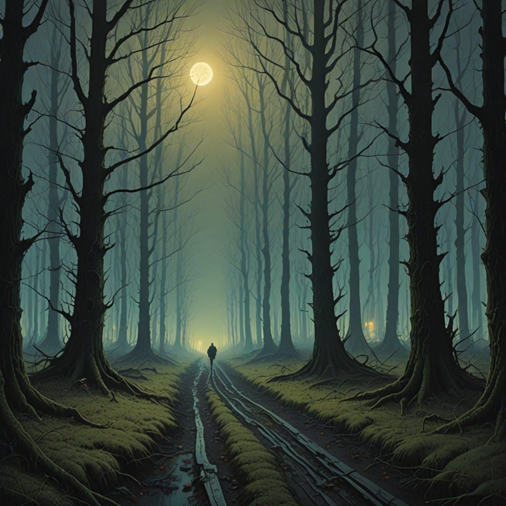 Moonlit Forest Mystery in a Dreamlike Cyberpunk Aesthetic