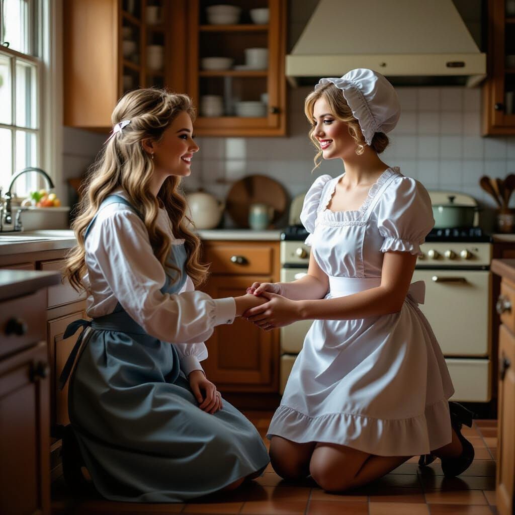 Man in Apron Dress Kneels for Woman in Kitchen
