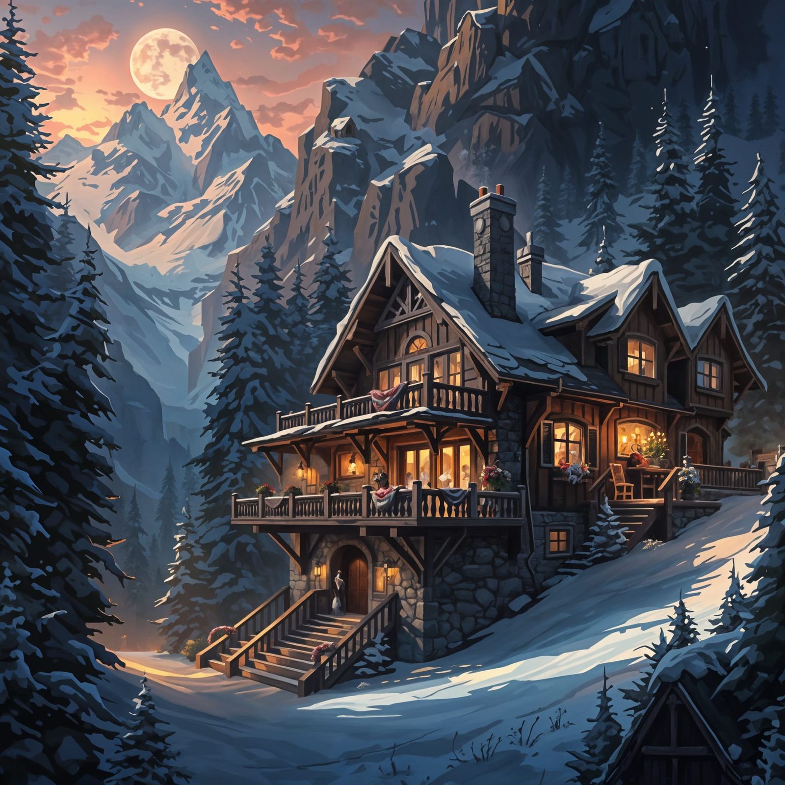 Cozy Ski Chalet in Snowy Mountain Landscape