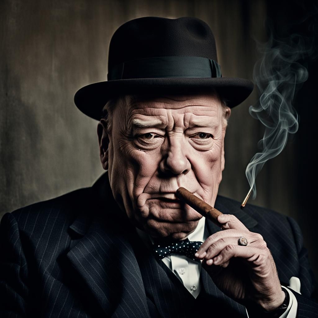 Winston Churchill smoking a cigar while sitting for a portrait