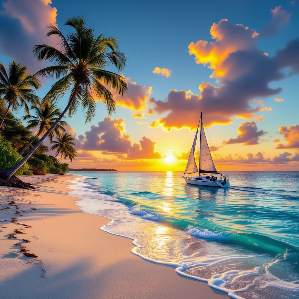 Tropical Beach Sunset in Photorealistic Style