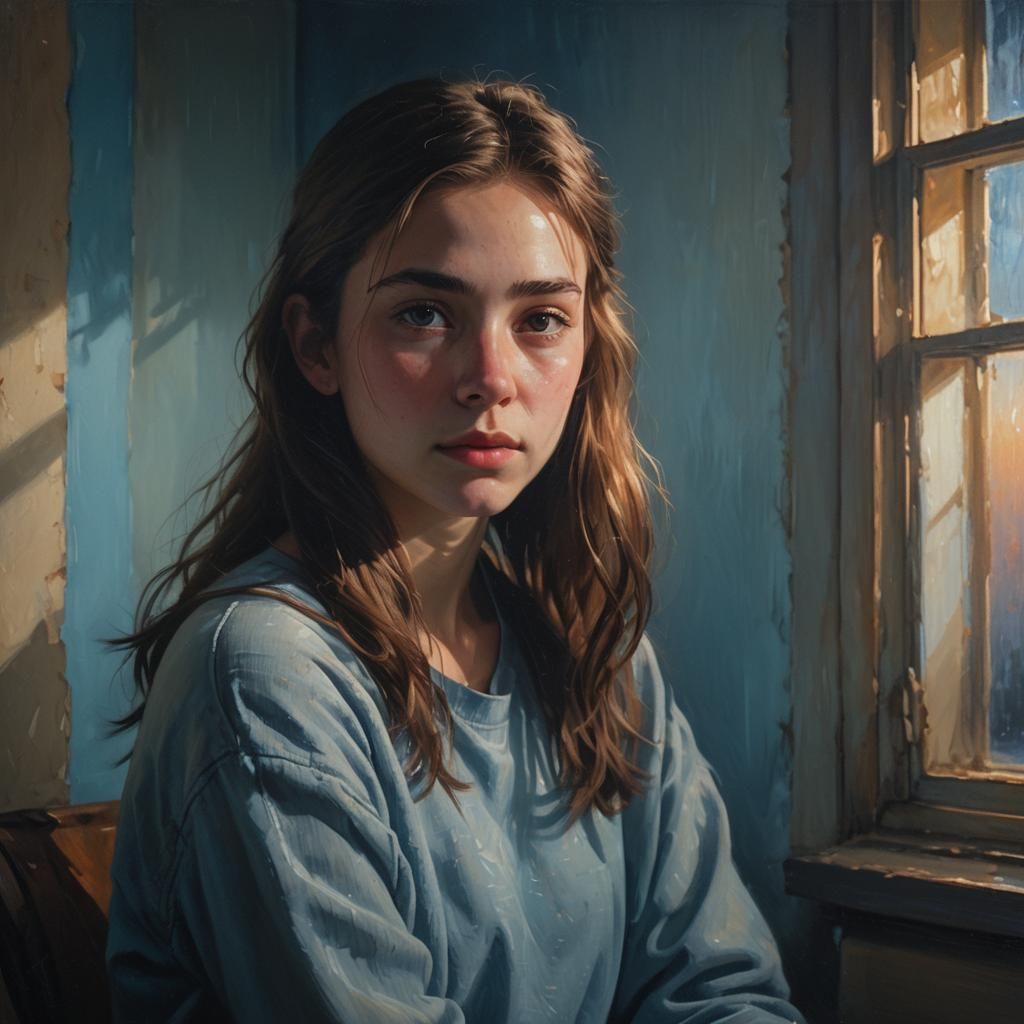 Hyperrealistic Portrait of a Teenage Girl in a Moody Atmosph...