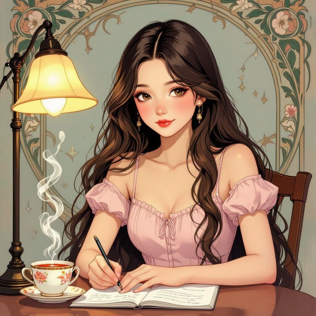 Girl Doing Homework in Art Nouveau Style