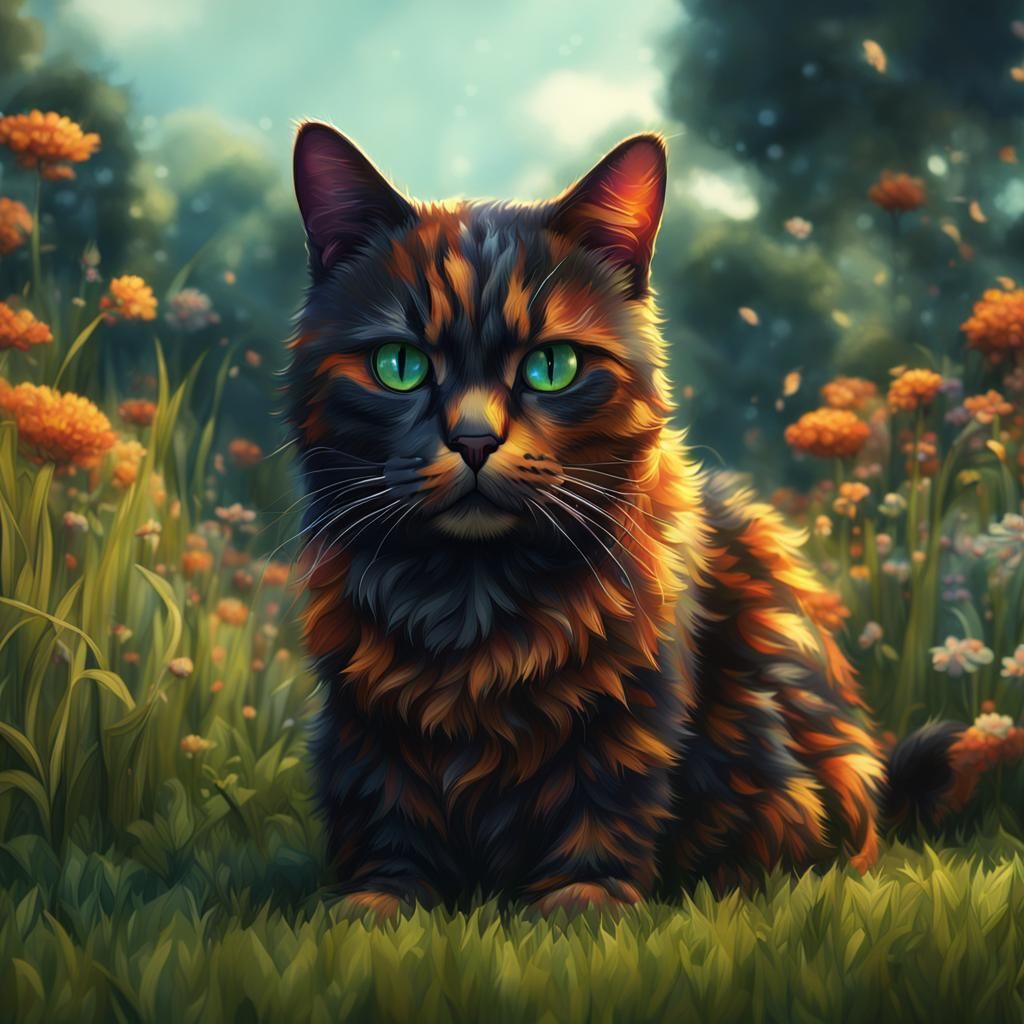 Tortoiseshell Cat in Grassy Field: Fantasy Concept Art