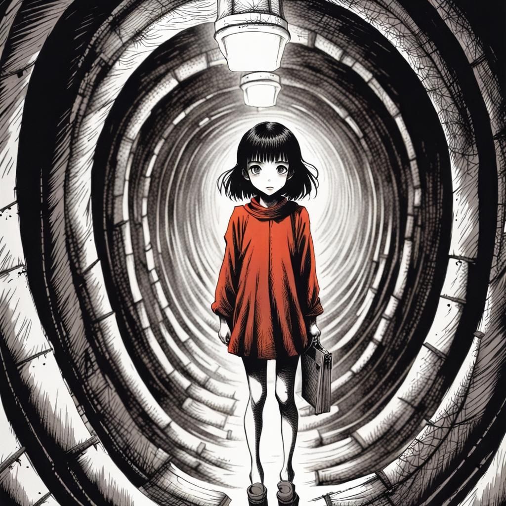 Girl in Spiraling Tunnel: Manga Horror Art