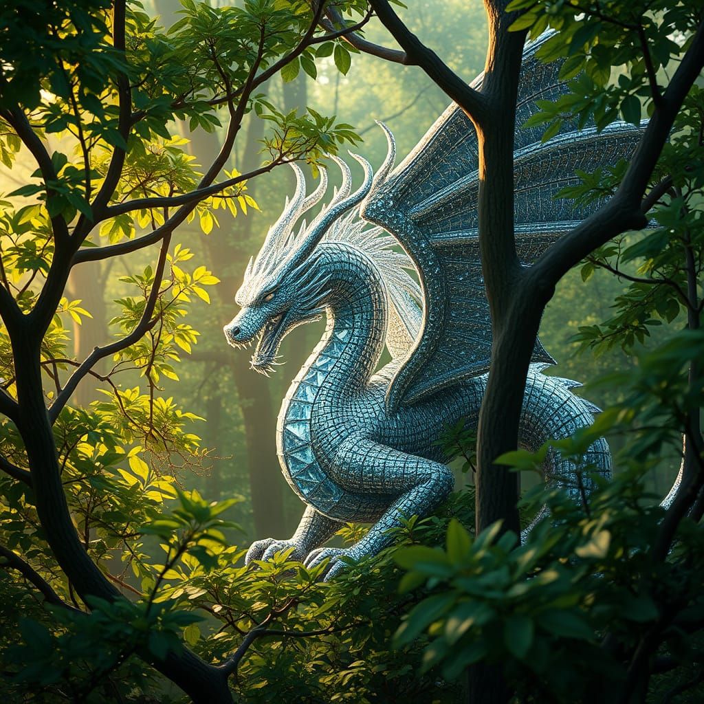 Surreal Diamond Dragon Hides in Enchanted Forest