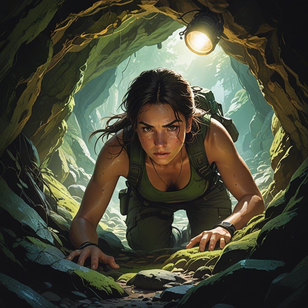 Explorer Crawls Through Cave with Headlamp