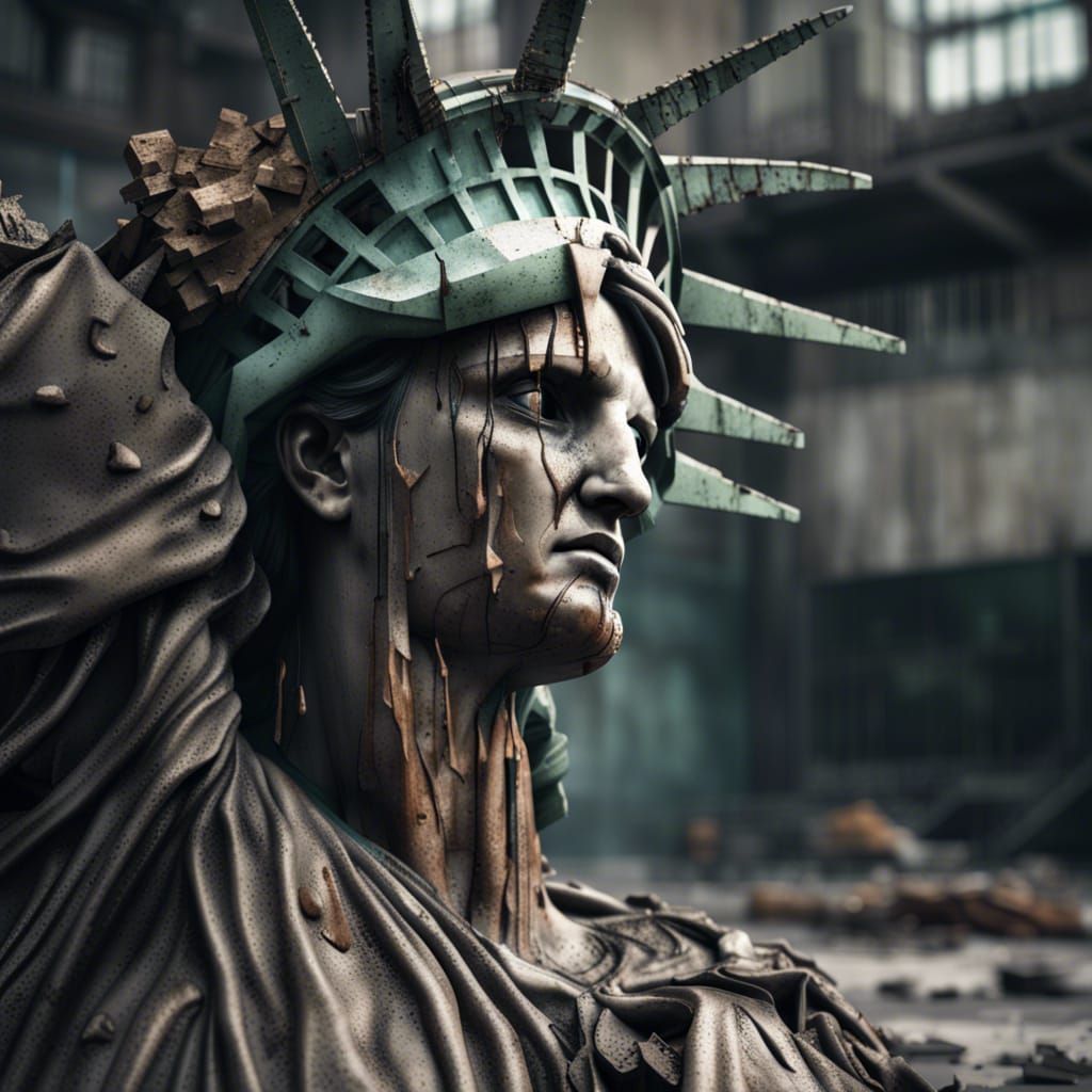 Decaying Statue of Liberty in Apocalyptic Setting