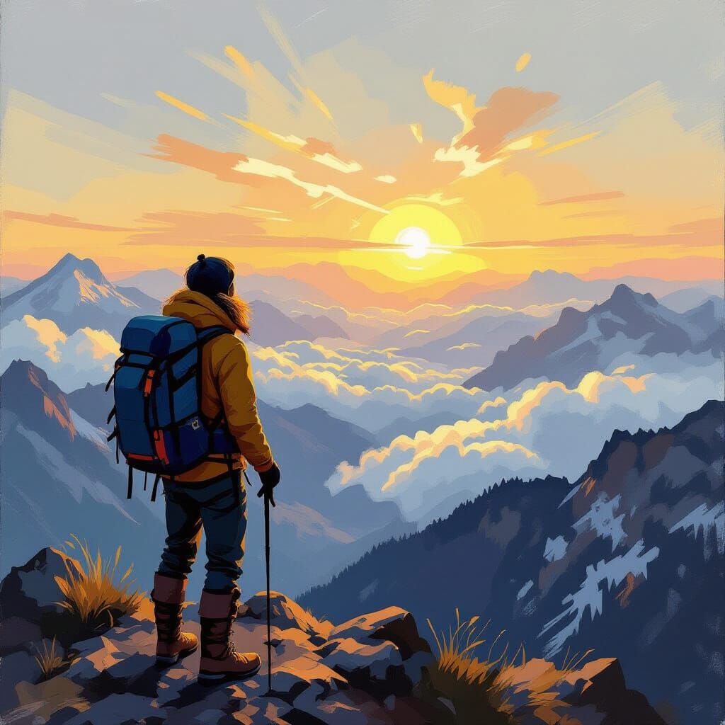 Impasto Oil Painting of Hiker on Mountain Peak at Golden Hou...