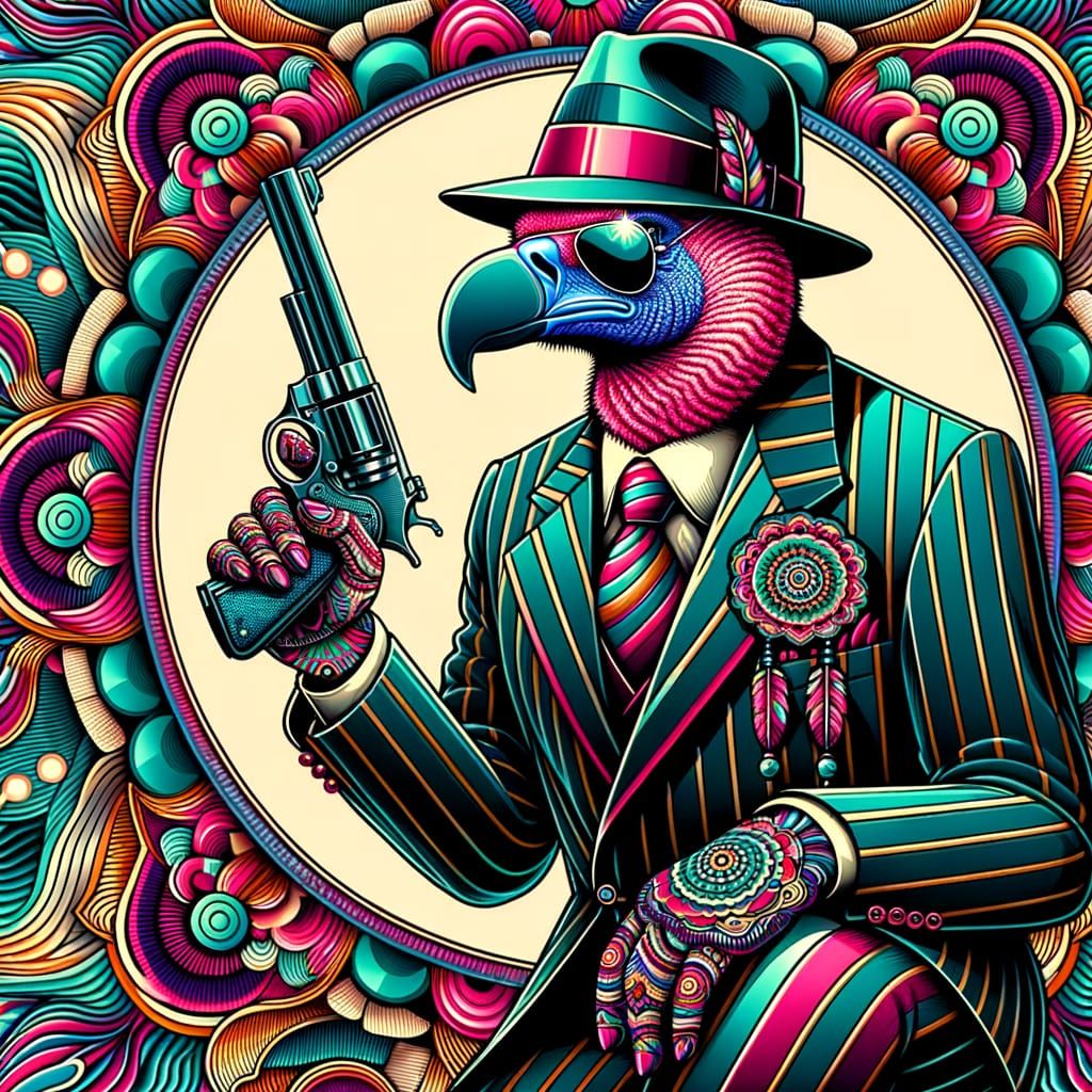 Psychedelic Vulture Mobster in Swirling Mandala Background