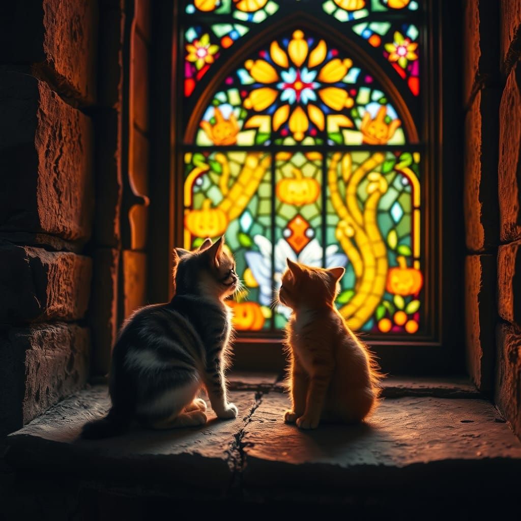 Kittens Gaze at Halloween Stained Glass Castle Window