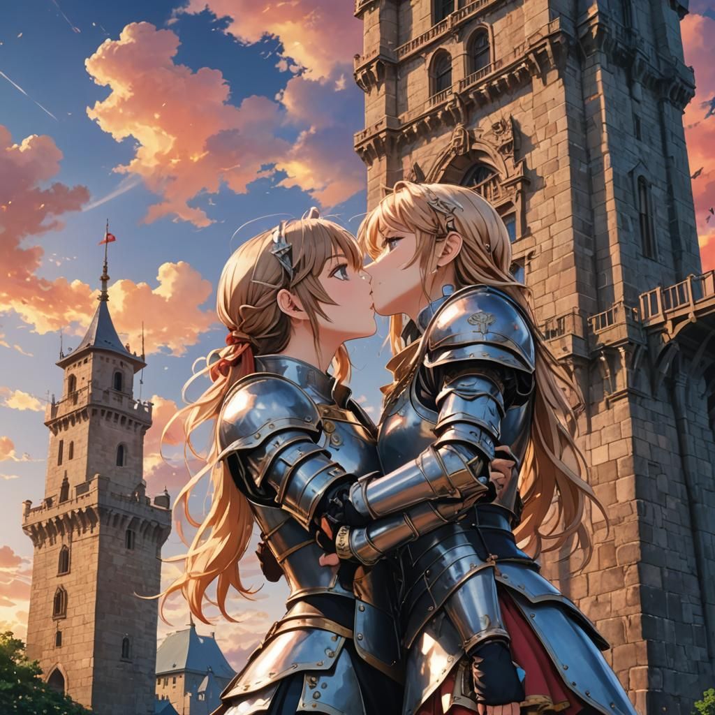 Anime Girls Kissing in Armor on Tower