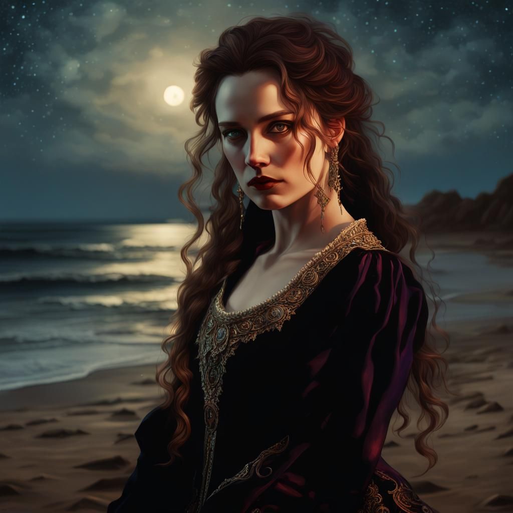 Goth Woman on Beach at Night in Beksiński Style