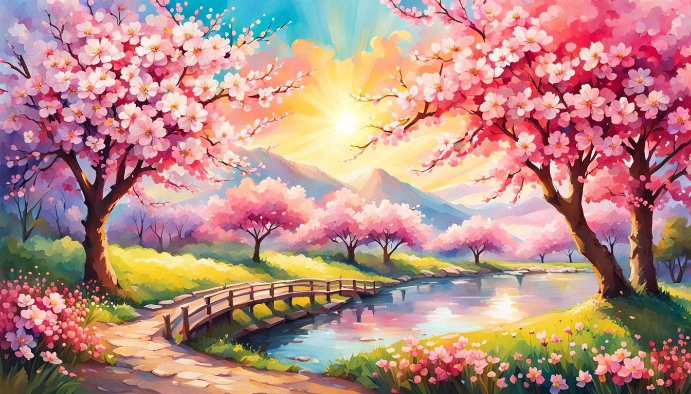 Spring Cherry Blossoms in Watercolor Illustration