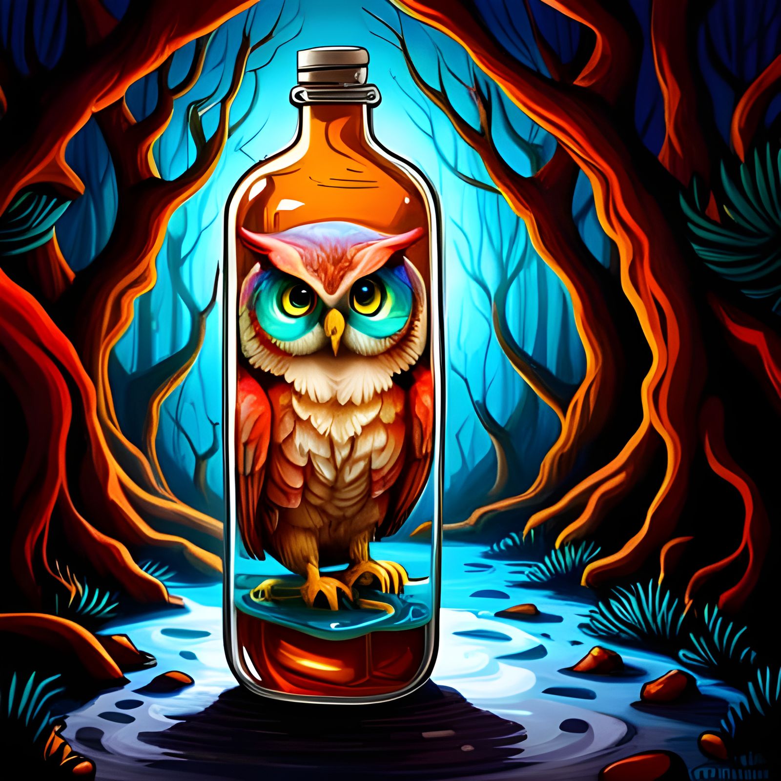 Steampunk Owl in a Bottle Graffiti Art