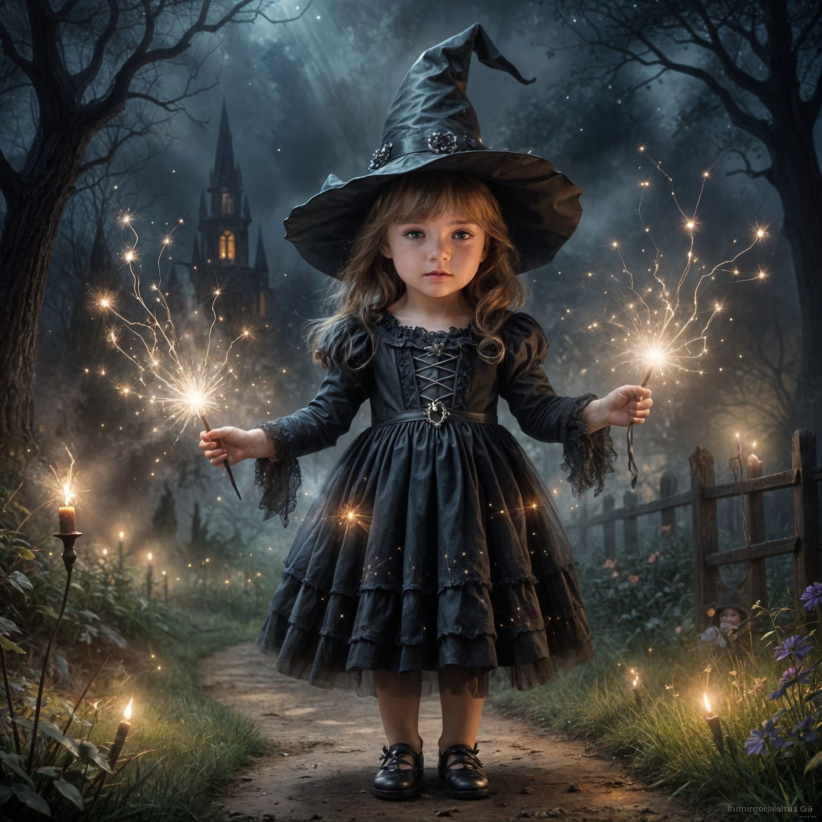 Ethereal Witch Girl Amidst Sparkling Darkness